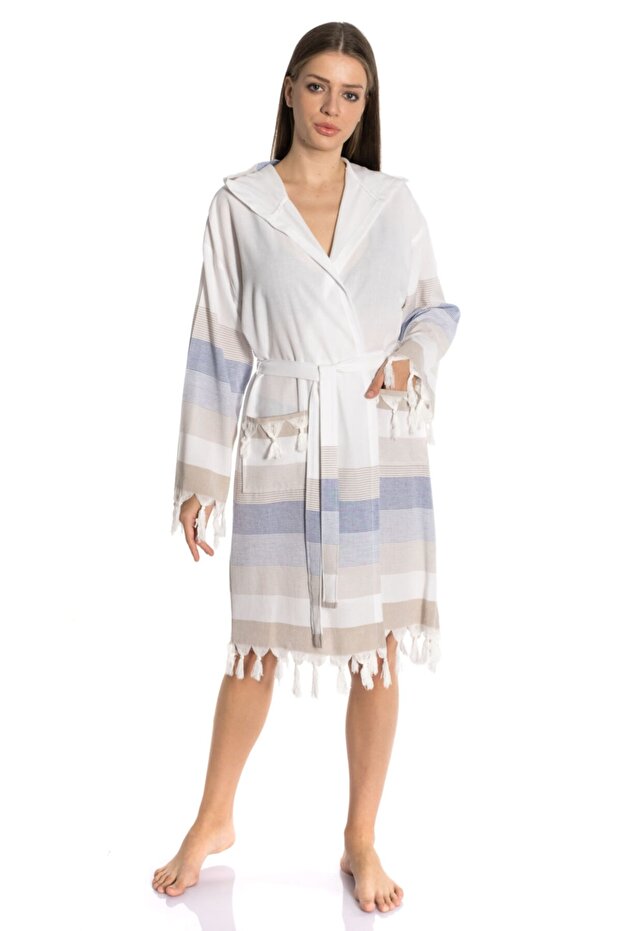 Women's White Bathrobe 100% Cotton Bodrum Peshtemal