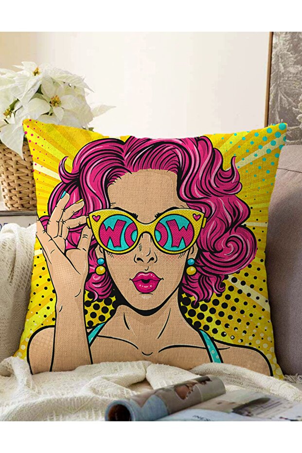 Pop Art Girl Patterned Double Sided Decorative Raschel Knitted Pillow Throw Pillow Cover with Yellow Background
