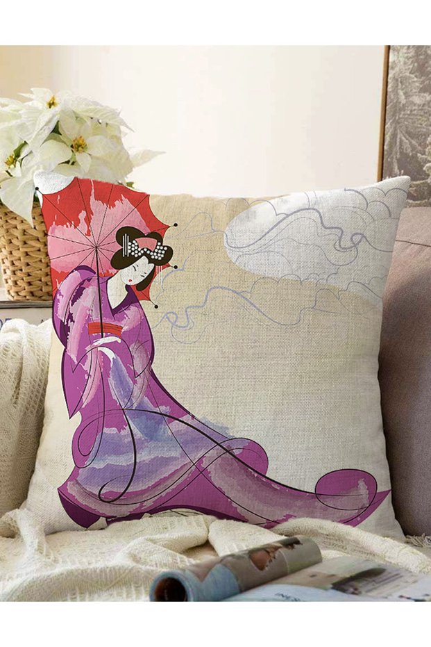Double Sided Purple Dress with Red Umbrella Japanese Women's Patterned Modern Raschel Knitted Throw Pillow Cover