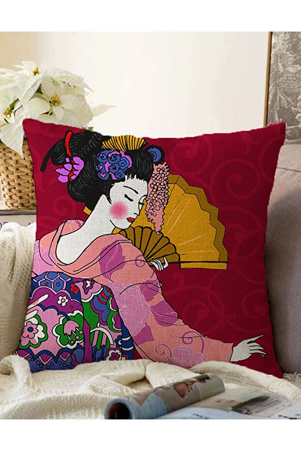 Double Sided Fan Japanese Women's Motif Decorative Raschel Knitted Pillow Case