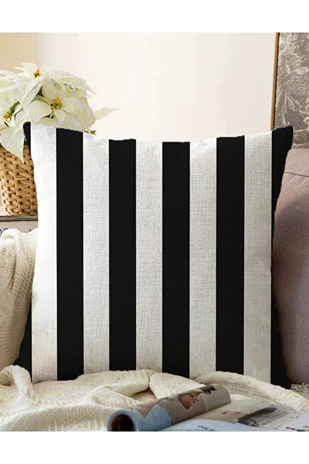 Double Sided Black and White Striped Decorative Raschel Knitted Pillow Cushion Cover