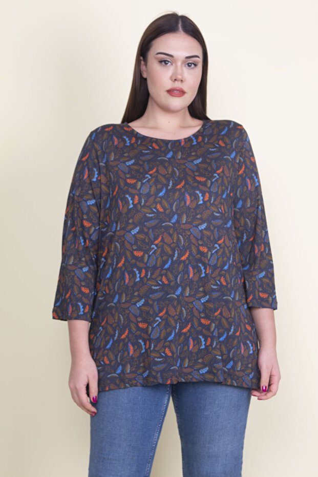 Women's Large Size Navy Blue Viscose Floral Blouse 65n21053-1