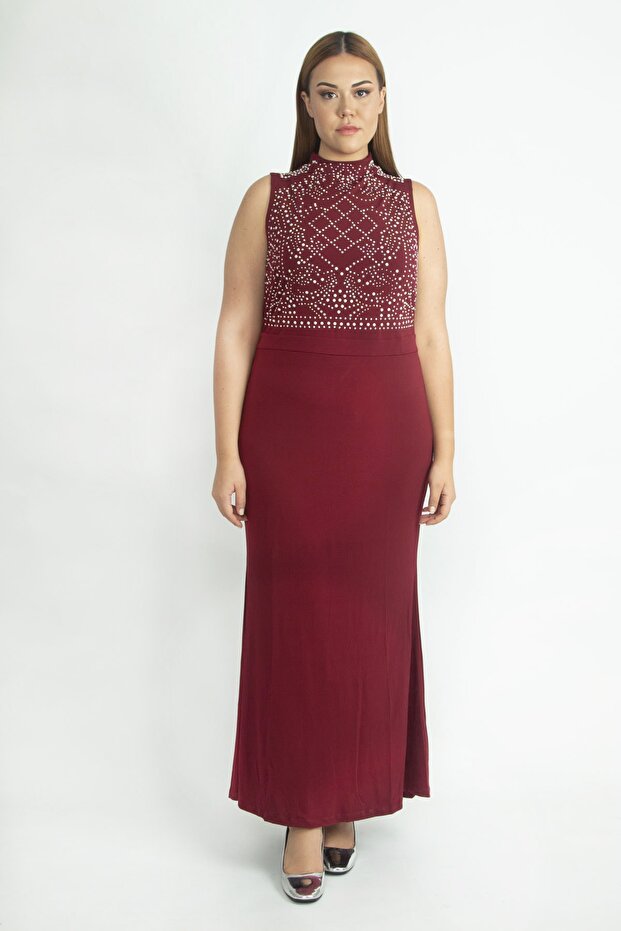 Dámské velké večerní šaty s vyšívaným klaretovým červeným kamenem 65n20690 - 4