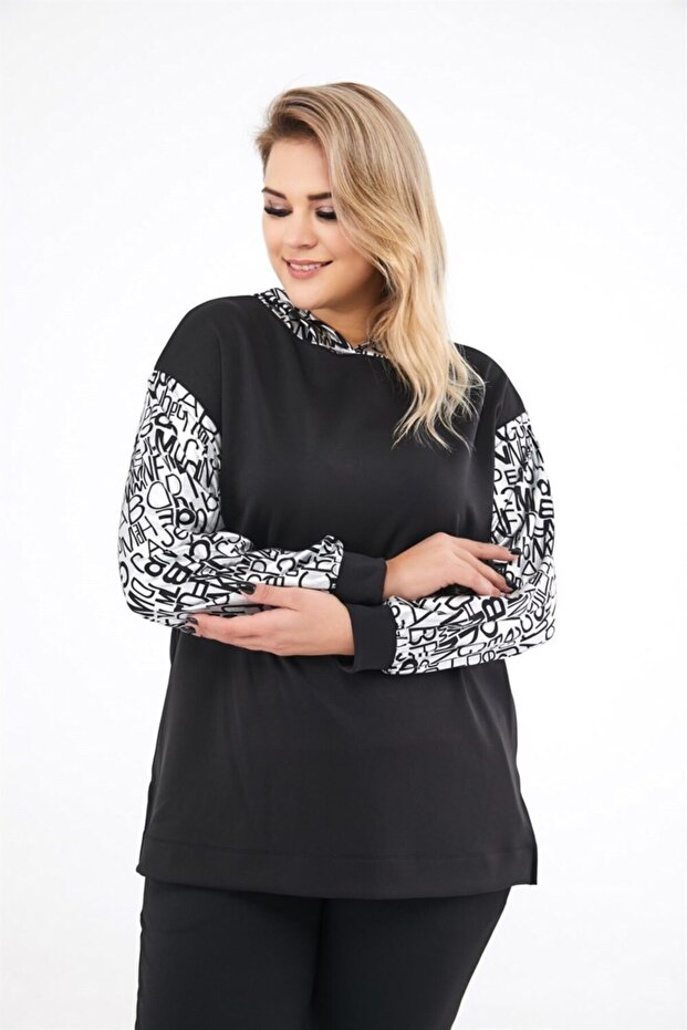 Women's Black Sleeve and Hood Shiny Printed Plain Sweat