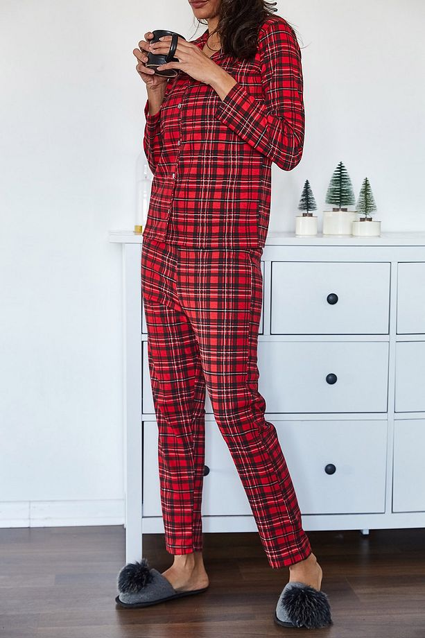 Kadın Kırmızı Kareli Örme Pijama Takımı 1KZK8-11024-04 - 5