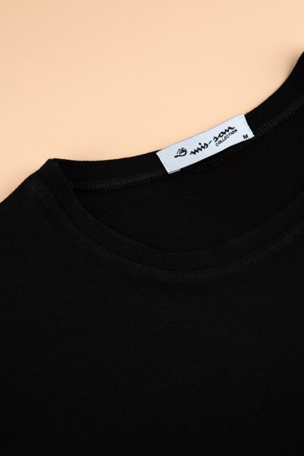 Black Crew Neck Long Sleeve Basic Viscon Badi - 4