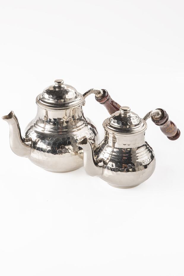 Dmt Gaziantep Bakır Çaydanlık Takımı Ağır El Dövmesi Alt:12 Cm Üst:8,5cm Toplam:1,3lt Ahşap Kulp - 2