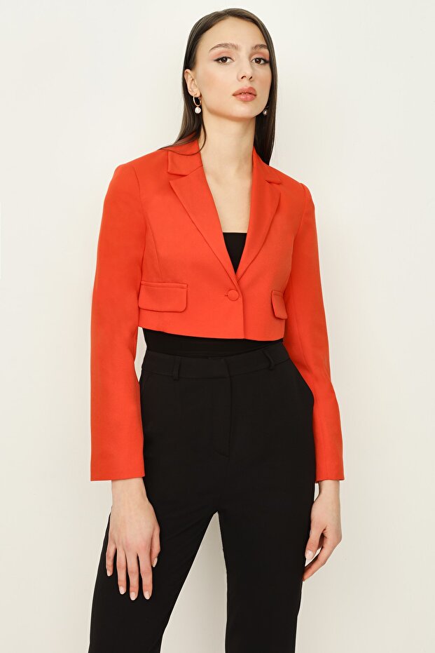 Kadın Orange Tek Düğmeli Crop Blazer Ceket - 2