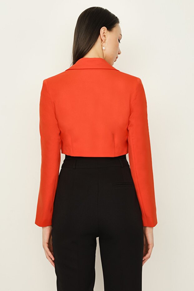 Kadın Orange Tek Düğmeli Crop Blazer Ceket - 4