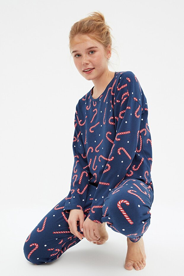 Lacivert %100 Pamuklu Yılbaşı Temalı Örme Pijama Takımı THMAW21PT0771 - 2