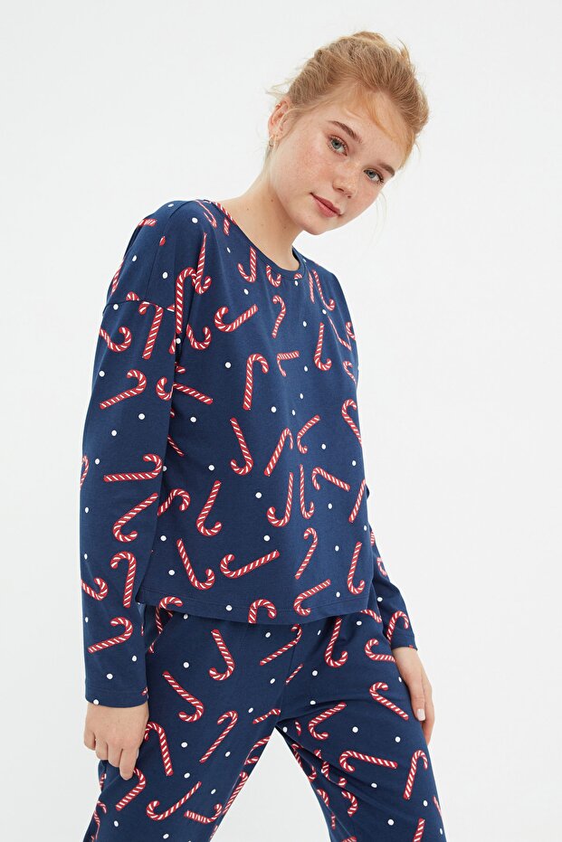 Lacivert %100 Pamuklu Yılbaşı Temalı Örme Pijama Takımı THMAW21PT0771 - 4