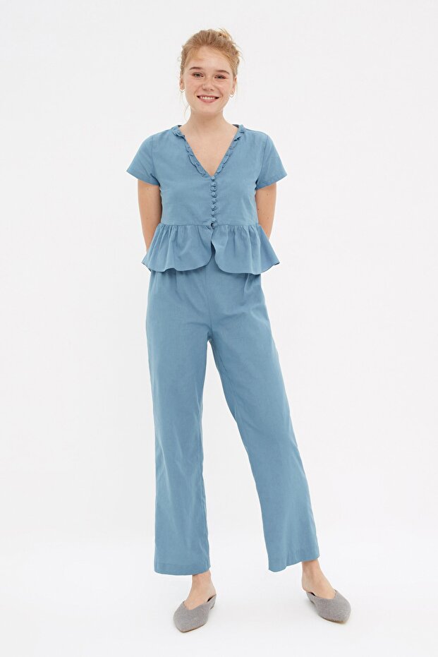 Mavi Fırfırlı T-shirt-Pantolon Viskon Dokuma Pijama Takımı THMSS20PT0095 - 1