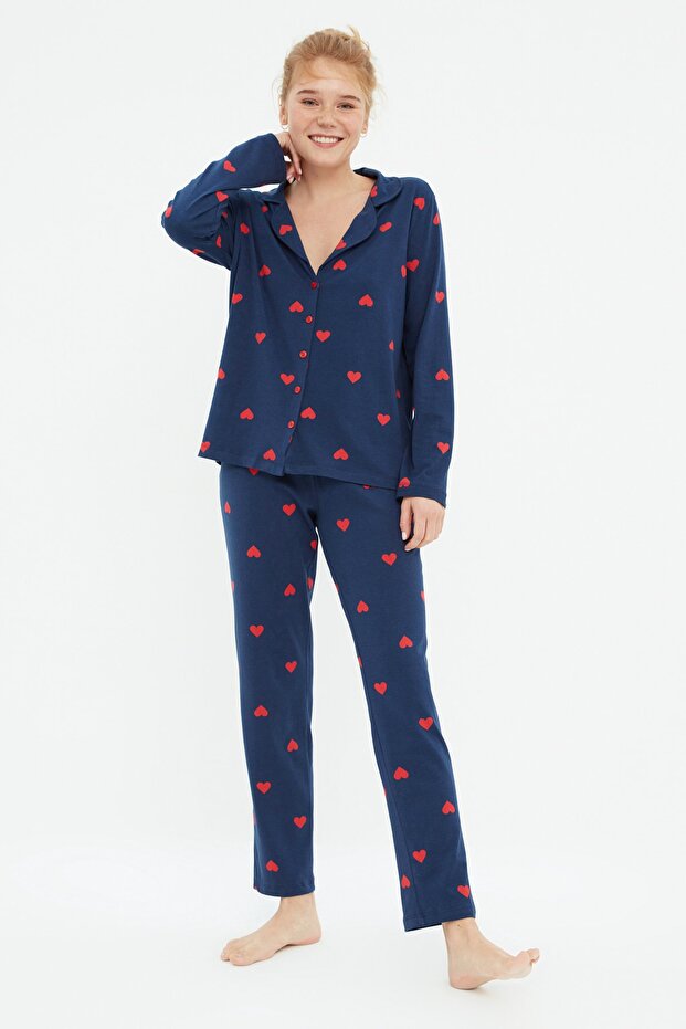 Lacivert %100 Pamuklu Kalpli Örme Pijama Takımı THMAW21PT0548 - 2