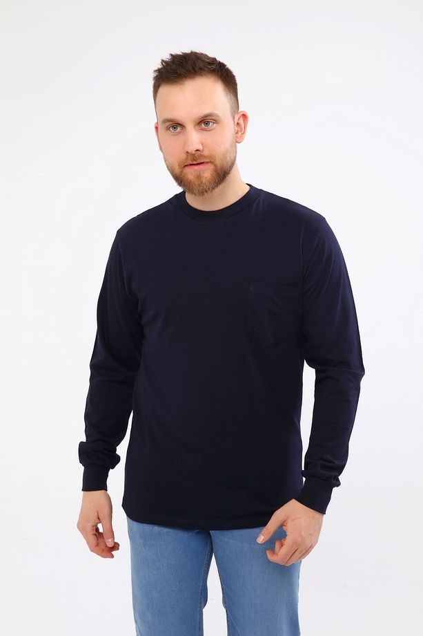 Bisiklet Yaka Lacivert Uzun Kollu Sweatshirt Süprem 0 Yaka Cepli Iş Tişörtü - 1
