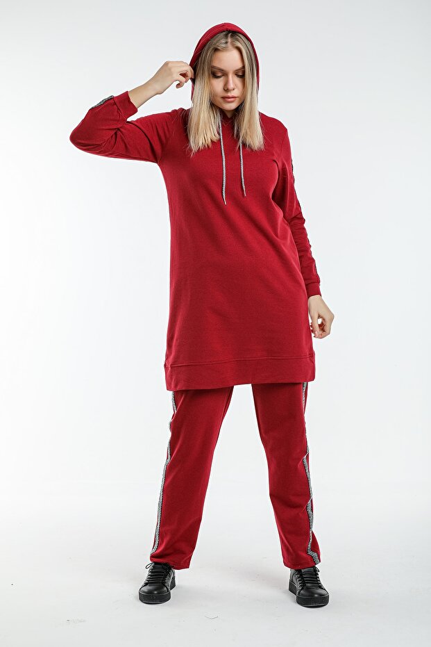Women's Hijab Claret Red Hooded Sleeve Striped Tracksuit Set