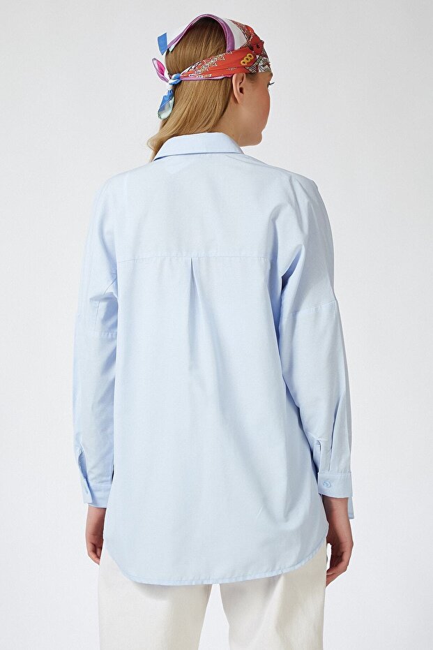Kadın Mavi Oversize Uzun Basic Gömlek - 3