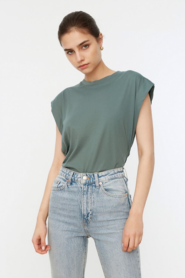 Yeşil %100 Pamuk Vatka Görünümlü Basic Bisiklet Yaka Örme T-Shirt TWOSS20TS0021 - 1