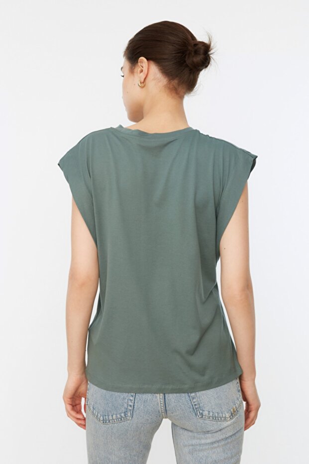 Yeşil %100 Pamuk Vatka Görünümlü Basic Bisiklet Yaka Örme T-Shirt TWOSS20TS0021 - 5
