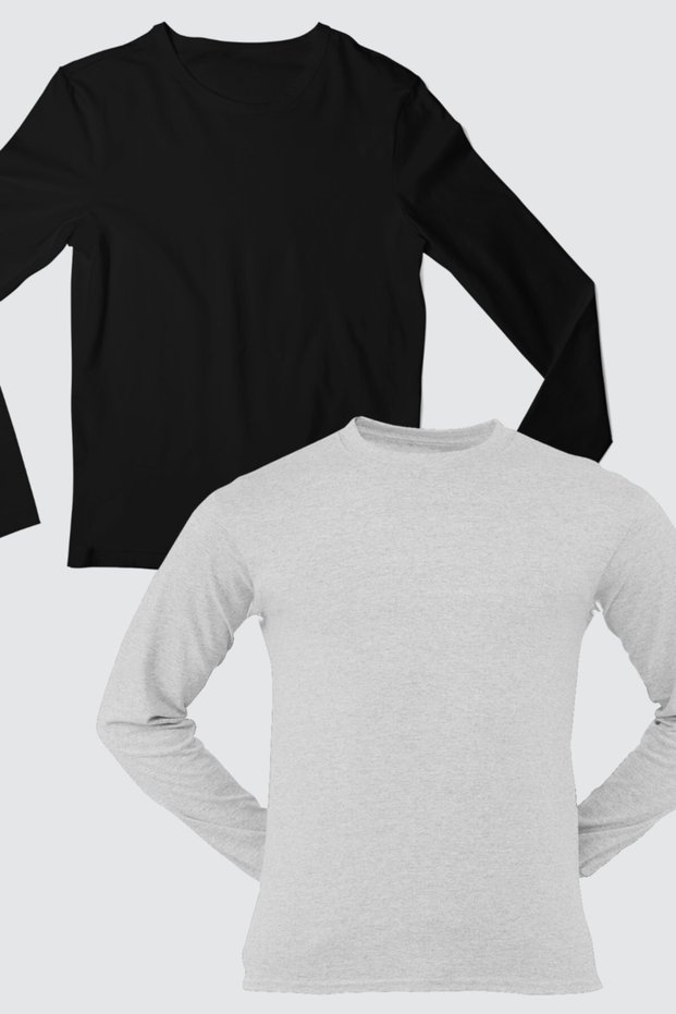 Plain Black, Gray Long Sleeve Relax Fit Women's T-Shirt 2-Pack Eco Package