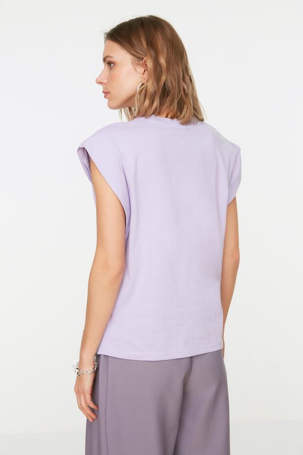 Lila %100 Pamuk Vatka Görünümlü Basic Bisiklet Yaka Örme T-Shirt TWOSS20TS0021 - 5
