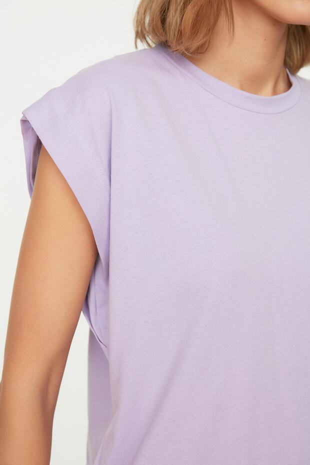 Lila %100 Pamuk Vatka Görünümlü Basic Bisiklet Yaka Örme T-Shirt TWOSS20TS0021 - 4
