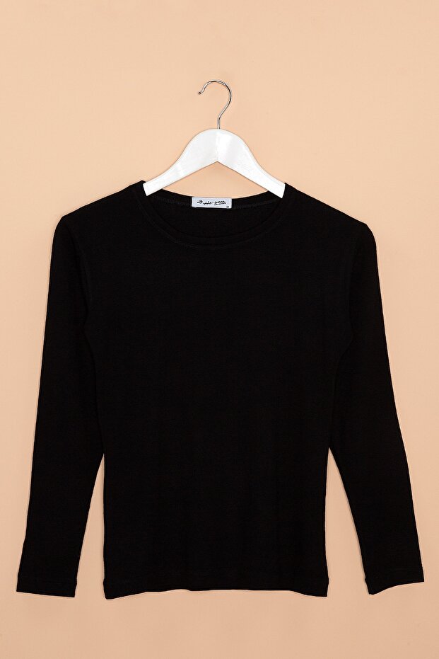 Black Crew Neck Long Sleeve Basic Viscon Badi - 3