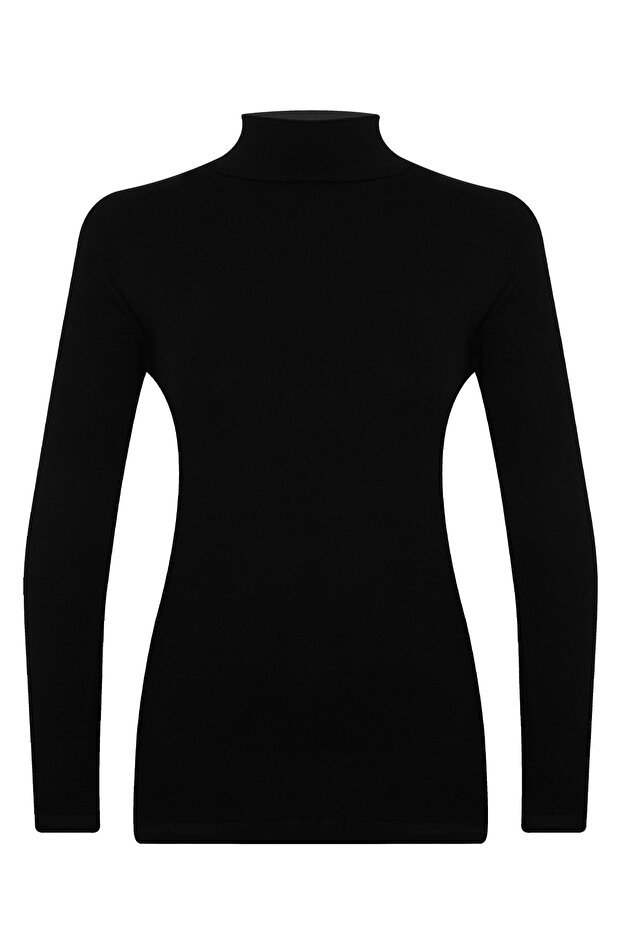 أسود نصف الياقة المدورة كم طويل أساسي فيسكون بادي - 1