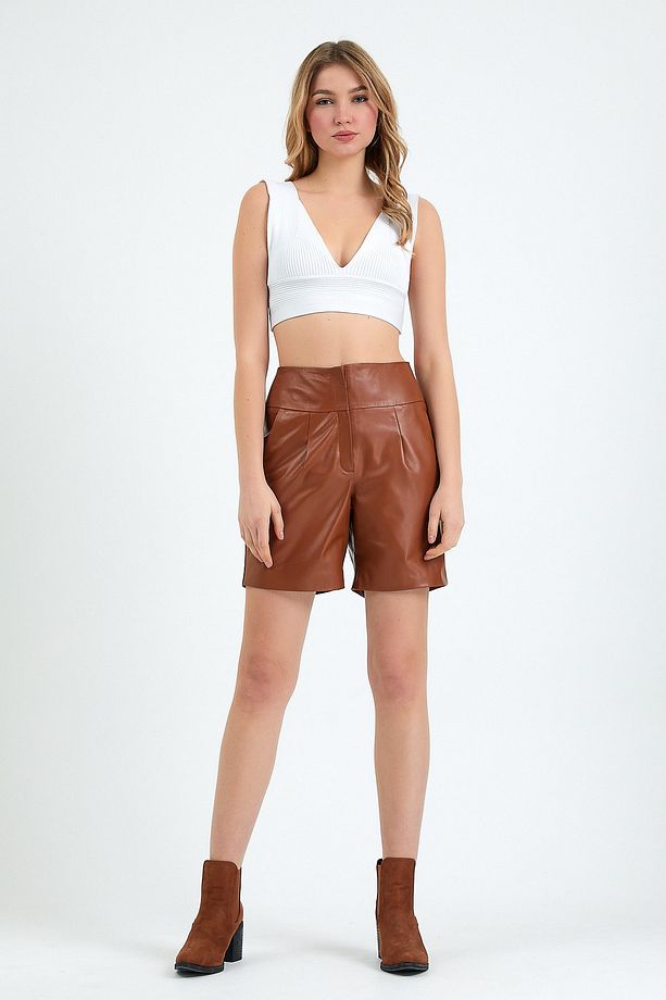 Kahve Regular Fit Deri Şort - 1
