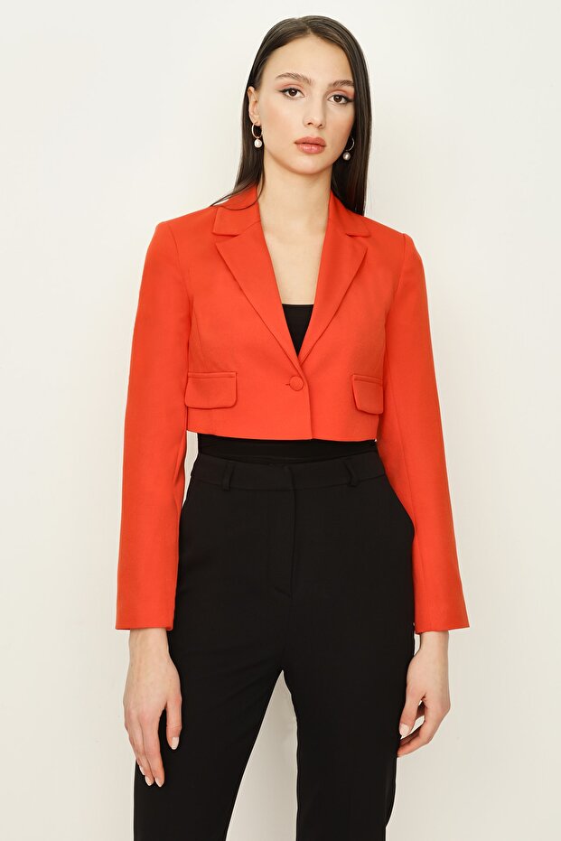 Kadın Orange Tek Düğmeli Crop Blazer Ceket - 1