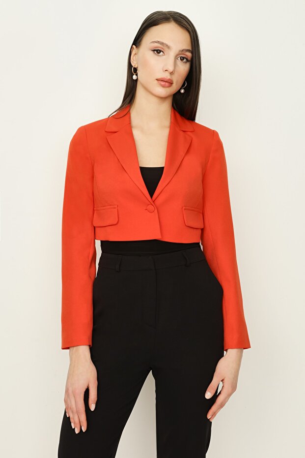 Kadın Orange Tek Düğmeli Crop Blazer Ceket - 3