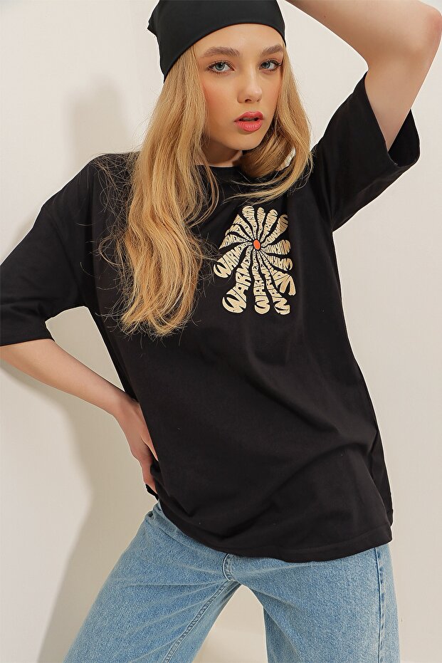Women's Black Crew Neck Front and Back Flock Printed 100% Cotton Oversize T-Shirt ALC-X7978
