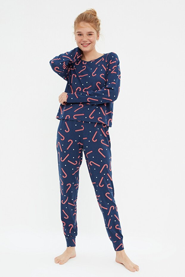 Lacivert %100 Pamuklu Yılbaşı Temalı Örme Pijama Takımı THMAW21PT0771 - 3
