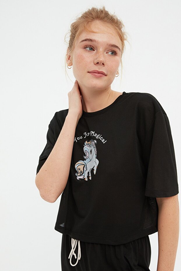 Siyah %100 Pamuklu Eğlence Baskılı Biye Detaylı Örme Pijama Takımı THMSS21PT0953 - 6