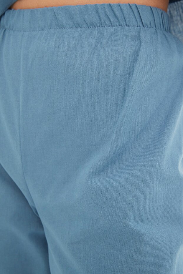 Mavi Fırfırlı T-shirt-Pantolon Viskon Dokuma Pijama Takımı THMSS20PT0095 - 5