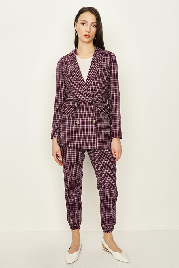 Kadın Mor Kareli Blazer Ceket - 1