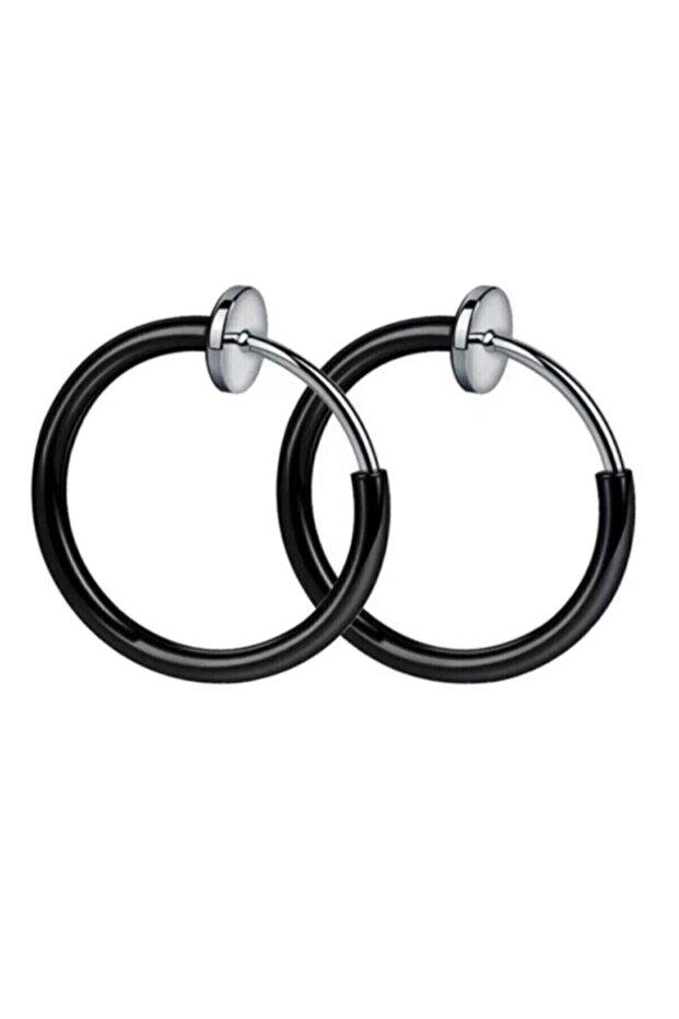 Unisex Black Surgical Steel Compression Non-Perforated Fake Earrings 2 Pieces