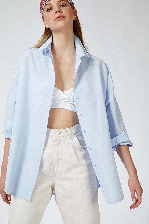 Kadın Mavi Oversize Uzun Basic Gömlek - 2