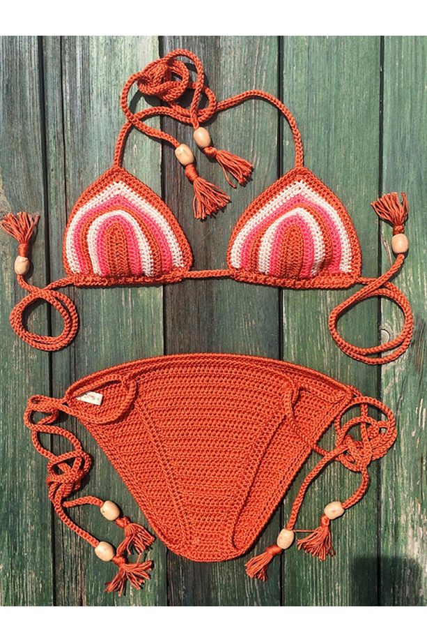 El Örgüsü Tığ Örgü Bikini Takımı X Small Taba Kiremit Rengi - 1
