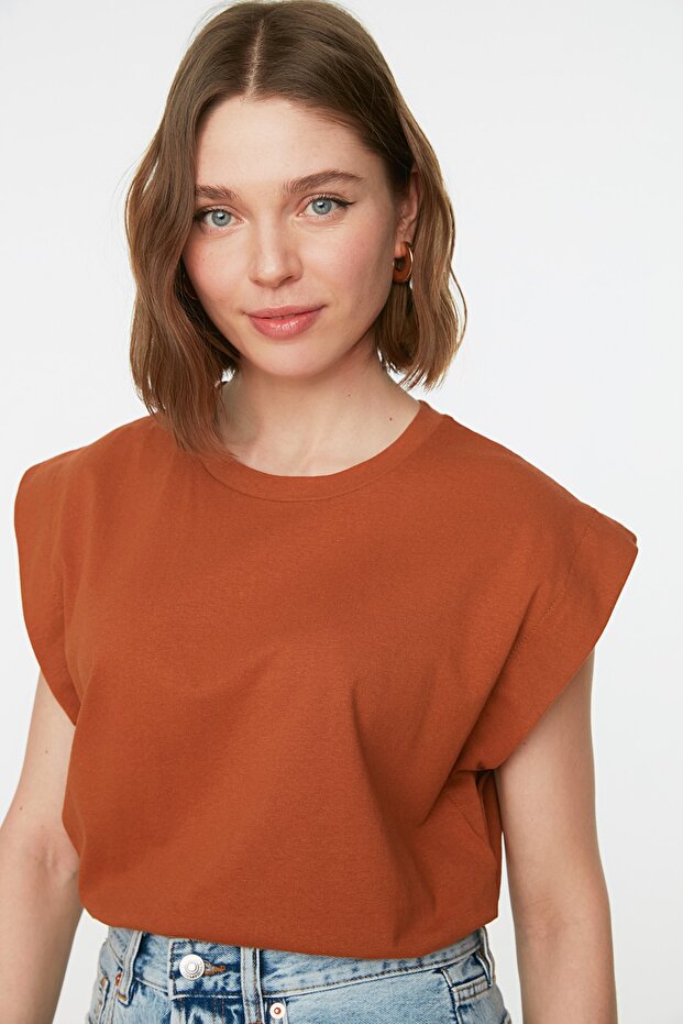 Tarçın %100 Pamuk Vatka Görünümlü Basic Bisiklet Yaka Örme T-Shirt TWOSS20TS0021 - 3