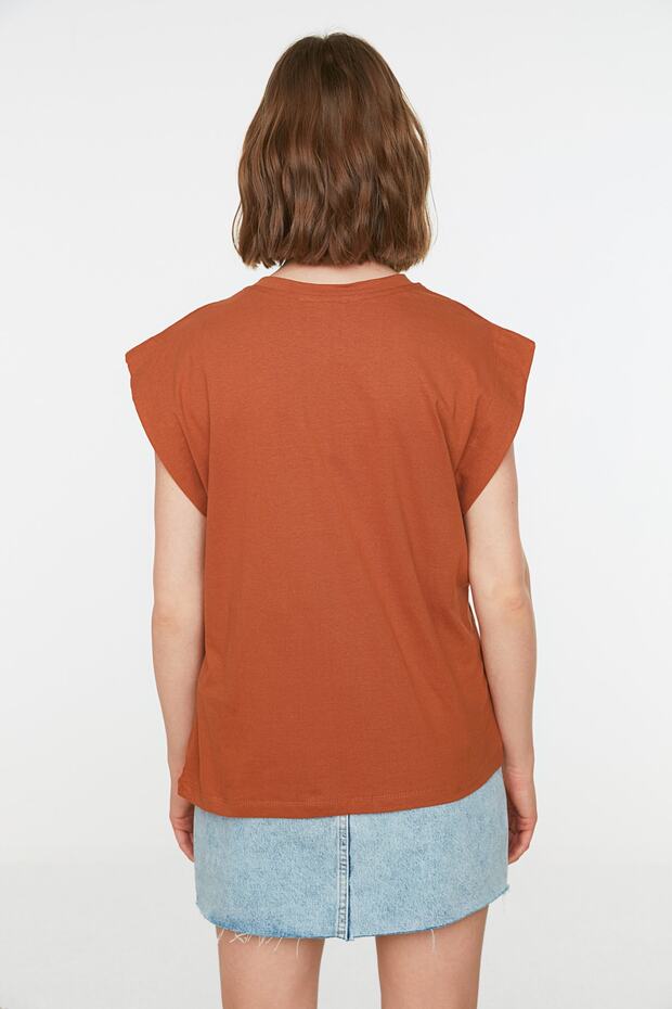 Tarçın %100 Pamuk Vatka Görünümlü Basic Bisiklet Yaka Örme T-Shirt TWOSS20TS0021 - 5