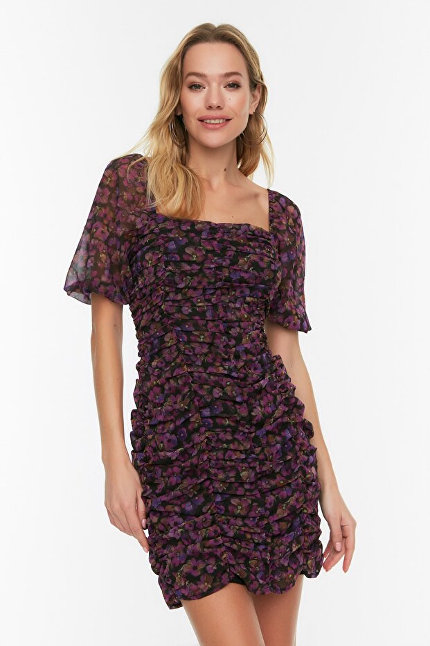 Black Floral Fitted/Body-Hugging Drape Detail Chiffon Mini Lined Woven Dress TWOSS22EL0126