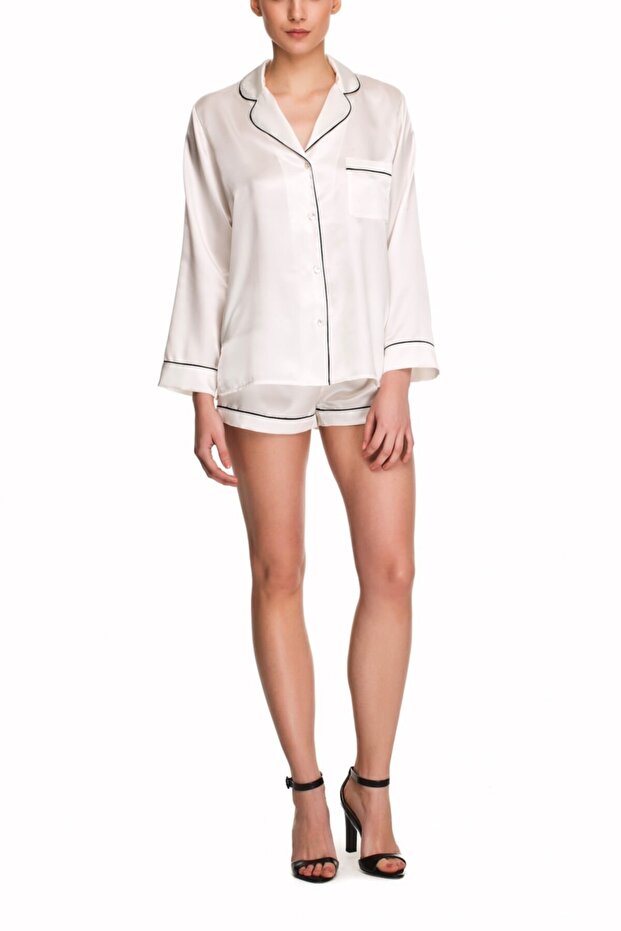 Porte Saten Şort Pijama Ekru - 1