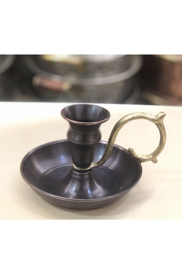 Bakır Eskitme Düz Şamdan - 1