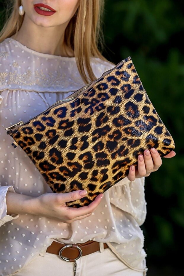 Women's Leopard Patterned Portfolio Clutch Bag 25X19 cm