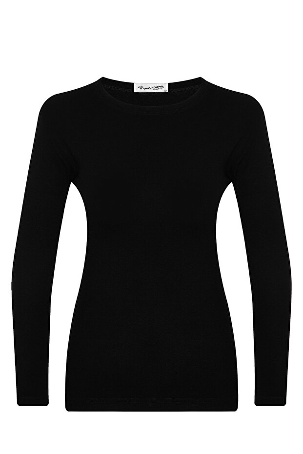 Black Crew Neck Long Sleeve Basic Viscon Badi - 1