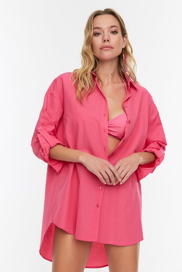 Plaj Giyim Pembe Dokuma Maxi Gömlek TBESS22GO0664 - 1