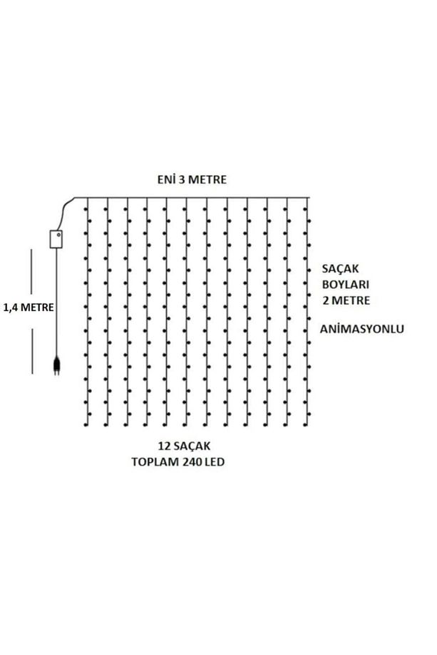 3x2 Metre Perde Led Animasyonlu 12 Saçaklı 240 Ledli Fişli 8 Fonksiyonlu - 3