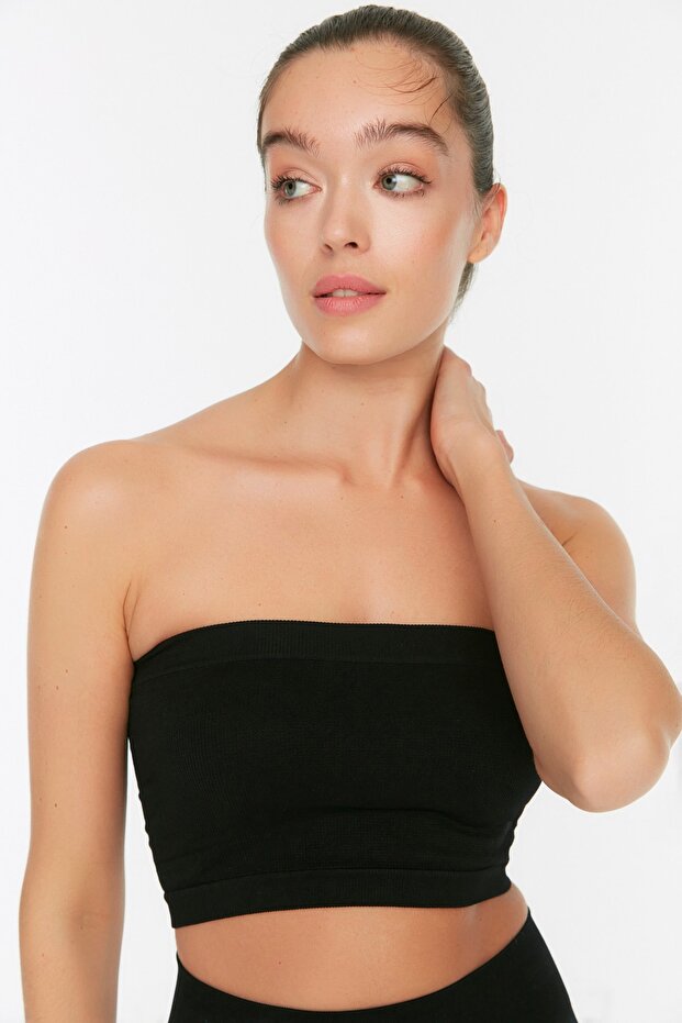 Siyah Seamless/Dikişsiz Hafif Destekli/Şekillendirici Straplez Örme Spor Sütyeni TWOAW20BS0018 - 2