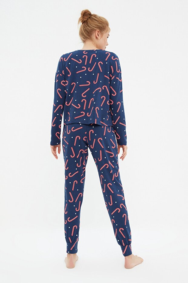 Lacivert %100 Pamuklu Yılbaşı Temalı Örme Pijama Takımı THMAW21PT0771 - 7
