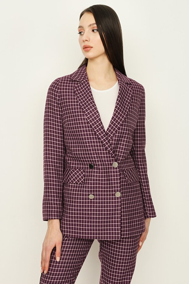 Kadın Mor Kareli Blazer Ceket - 3